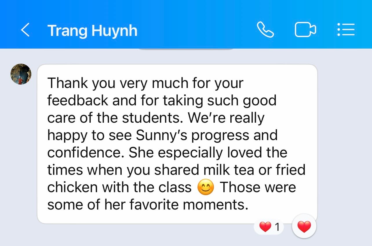 Tin nhắn Zalo của chị Trang Huynh — dì của bé Sunny — cảm ơn thầy Aga đã chăm sóc các con và thấy Sunny tiến bộ và tự tin hơn